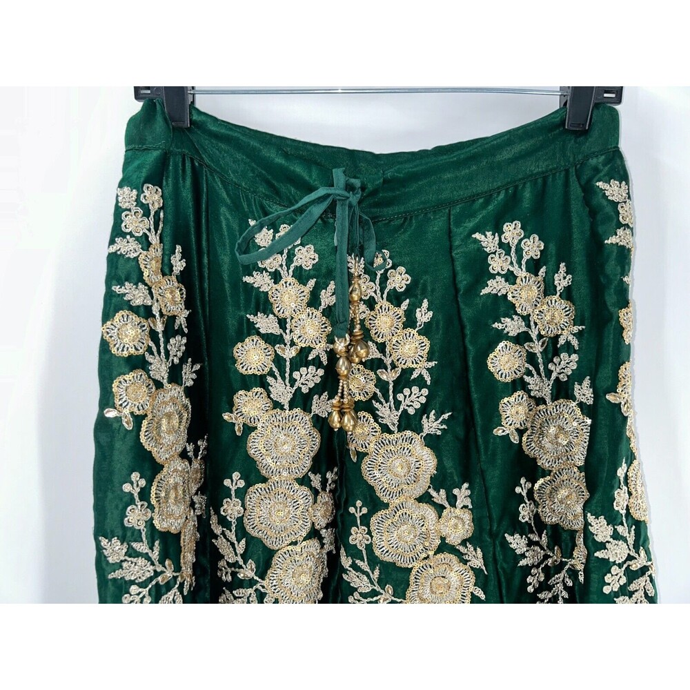Women's Green Gold Satin Embroidered Indian Skirt With Beaded Drawstring - Picture 2 of 8